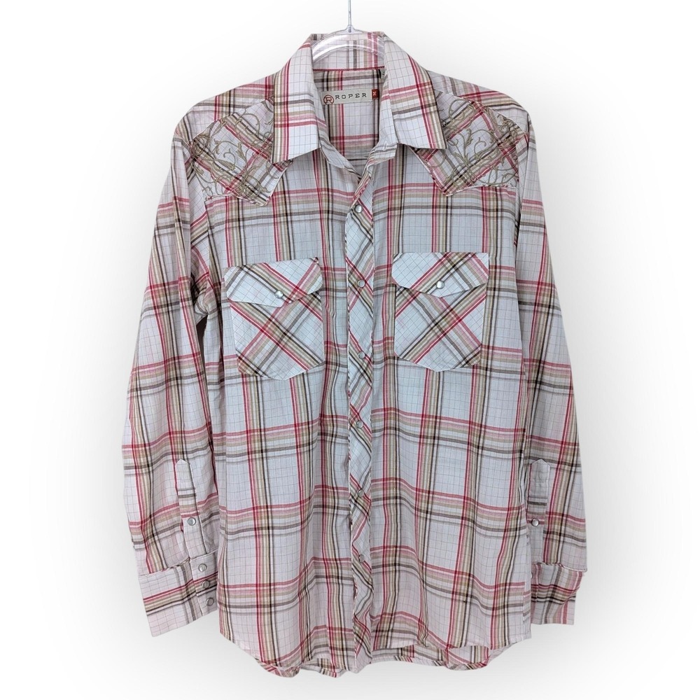 Roper Shirt Mens M Western Pearl Snap Embroidered Plaid Rodeo Americana Cowboy